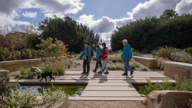 A group of people with a dog walk over the bridge in the Mediterranean garden at Beningbrough